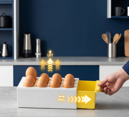A hand pulls a yellow and white egg dispenser tray from a countertop in a modern kitchen. Brown eggs are stacked inside the tray, with glowing yellow arrows indicating lift and pull directions.